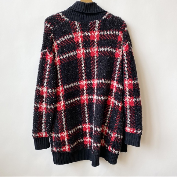 Express Oversized Open Front Plaid Knit Cardigan Black Red White Women's XS - Picture 4 of 7
